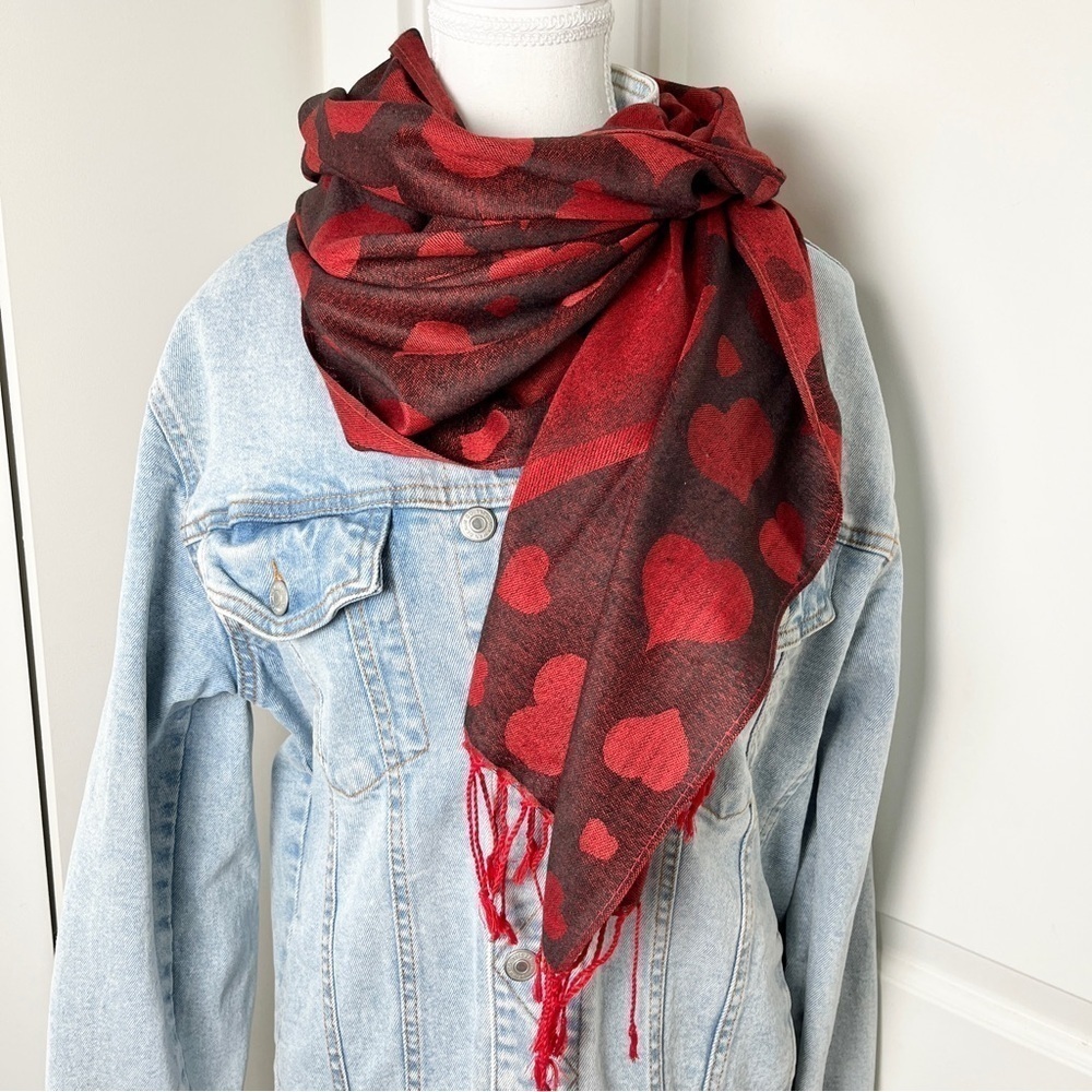 Versatile Heart Print Red Scarf/Shawl - Style with Love - One Size - Picture 4 of 7